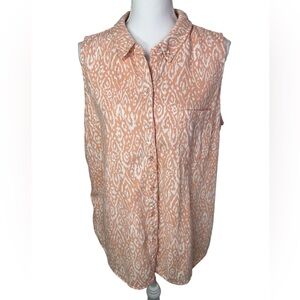 Ecothreads Peach Ikat Sleeveless Linen Blend Button-Front Blouse | XL